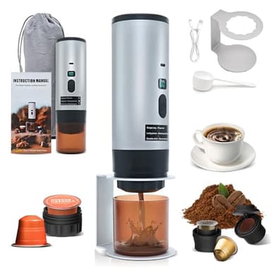 RoserRose Caffettiera Portatile, Macchina per Caffè Viaggio - Senza Fili & Auto-Riscaldante - Con Batteria 7800mAh, 20 Bar di Pressione - Compatibile con NS/DG/Caffè Macinato (Grigio)