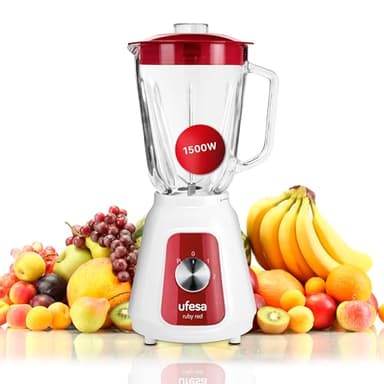 Ufesa BS4717 RUBY RED Frullatore da tavolo, 500 W di potenza, Caraffa in vetro da 1,5 L, Coperchio con chiusura ermetica, 2 velocità + Pulse, 4 lame in acciaio inox