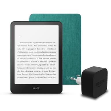 I'ultimo Kindle Paperwhite (versione 2024) da 16 GB con pubblicità, una copertura in tessuto Amazon e un alimentatore Amazon Powerfast da 9 W.