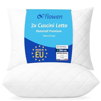 Cuscini Letto Coppia di Guanciali 40x70 per Dormire Imbottitura Standard Antiacaro Anallergico Traspirante Rettangolare per Matrimoniale Singolo con Federa in Cotone e Poliest. Sfoderabile