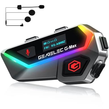 gearelec Intercomunicador Casco Moto Bluetooth 1500mAh, GMAX Manos Libres 2-6 Motoristas 2000m, Compartir Música Radio FM, Auriculares para Motocicleta