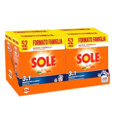 SOLE Bianco Splendente 52 Mis, Confezione da 4x2,6 kg, Detersivo in polvere con bicarbonato per bucato a mano e in lavatrice