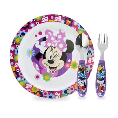 Sorrisini Set di Stoviglie Riutilizzabile, Set Piatti 3 Pezzi, Set Svezzamento Prima Pappa Bimbo con Piatto, Posate in Acciaio Inox, Piatti in Plastica Adatti per Microonde, Minnie