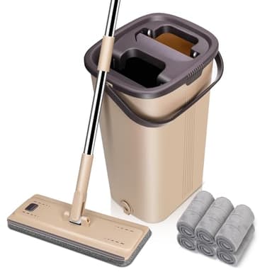 MASTERTOP Mocio Lavapavimenti e Secchio Strizzatore, Mocio Piatto Rotante a 360° e Secchio Autolavaggio, Mop a Mani Libere in Microfibra , con 6 Tamponi Riutilizzabili (Beige)