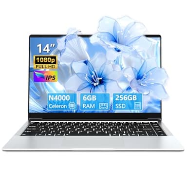 Portatile PC 14,1 pollici, Notebook Celeron N4000 6 GB RAM 256 GB SSD schermo girevole a 180°, Laptop con mini-HDMI, 2*USB 3.0, batteria da 5000mAh, computer PC sottile e leggero color argento