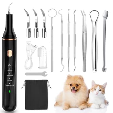 Kit Pulizia Denti Cane, 14 in 1 Spazzolino Ultrasuoni Cani con Luce LED, 5 Modalità Rimozione Elettrico Della Placca Dentale per Animali Domestici, Pulisci Togli Tartaro e Macchie per Cani (Nero)