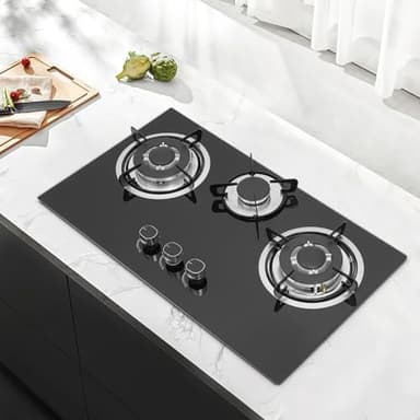 Fornello a gas da incasso, in vetro, a 3 fuochi, fornello a gas per piani cottura LPG/NG, con supporto per pentole, telaio smaltato e testa in alluminio, nero