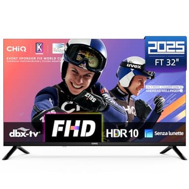 CHiQ LF32FT Smart TV 32pollici (81 cm), Full HD, HDR10, Google TV OS, Dolby Audio & dbx-tv, Tuner Triplo, Chromecast Incorporato, Design Metallico Senza Cornice