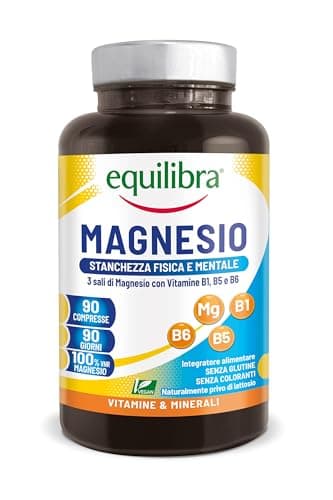 Equilibra Integratori Alimentari, Magnesio, Integratore per la Stanchezza Fisica, Mentale e la Funzione Muscolare, a Base di 3 Sali di Magnesio, Vitamine del Gruppo B, Vegan, Gluten Free, 90 Compresse