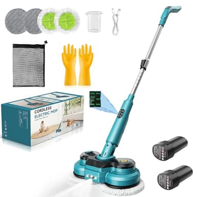 Mocio Elettrico Senza Fili con 2 batterie da 2000 mAh,Lavapavimenti Elettrico con Funzione Spray/lluminazione a LED/Display Intelligente,Lucidatrice Pavimenti con Serbatoio Dell'acqua da 300 ml