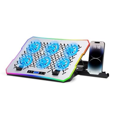 NK Base di raffreddamento portatile da 17" - 10 modalità luci LED RGB, 6 ventole silenziose con velocità regolabili, 4 altezze regolabili, porta USB, telefono holder, raffreddamento rapido