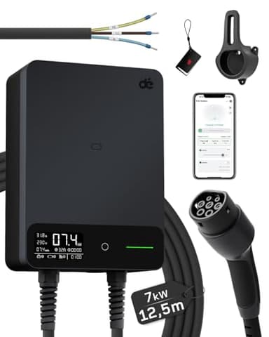 dé Wallbox 7,4 kW Tipo 2 con App, Cavo Tipo 2 12,5m, RFID, Wallbox Monofase 6-32A 230V, Colonnina Ricarica Auto Elettrica 7kW con RCD Tipo A 30mA AC + 6mA DC, IP54, per E-208 e Altri BEV/PHEV, Nero