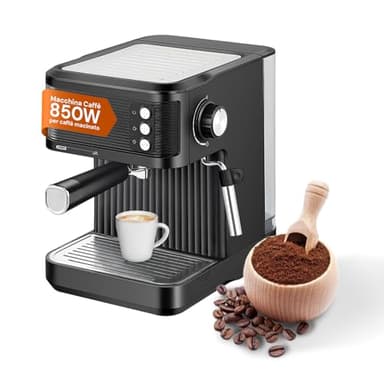 Avilia - Macchina Caffè 850W per Espresso Intenso con Filtro in Acciaio Inossidabile, Serbatoio da 2L e Compatibilità con Caffè Macinato, Uso Facile e Design Compatto Nera