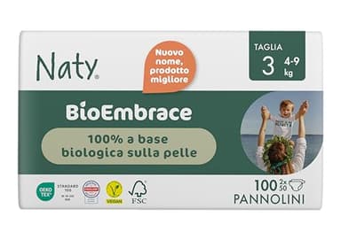Naty BioEmbrace Pannolini per Bambini Taglia 3 (4–9 kg) | 100% a base vegetale sulla Pelle | Morbidezza vegetale, Dermatologicamente Testati, Super Assorbenti| 100 Pezzi