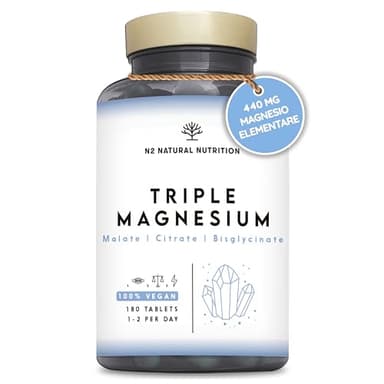 Triple Magnesio 2640 mg. Integratore Magnesio Bisglicinato + Magnesio Citrato + Magnesio Malato - Riposo, Energia, Ossa e Muscoli - Antistress - 440mg Elementare - 180 Compresse - N2 Natural Nutrition
