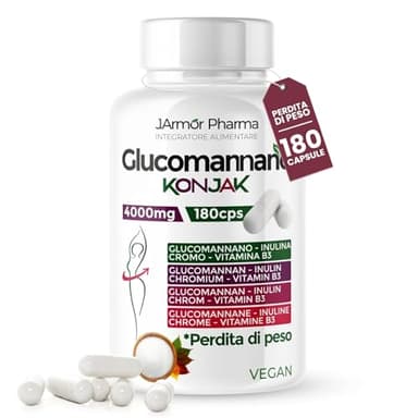 Glucomannano Forte Purificato 4000mg 180 Cps, Fino a 1000 Kcal In Meno Al Giorno, Perdita di Peso, Controllo Della Fame, Saziante e Drenante, Glucomannan Konjak