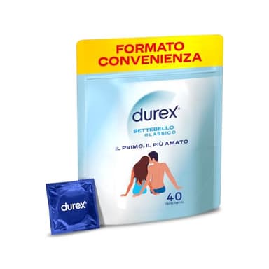 Durex Settebello Classico, Preservativi Durex Classici, Formato Convenienza, Confezione Riciclabile Salvaspazio, 40 Profilattici