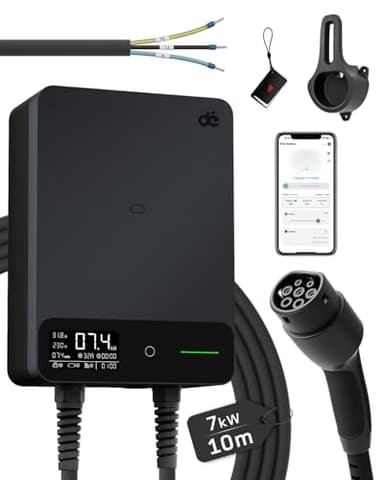 dé Wallbox 7,4 kW Tipo 2 con App, Cavo Tipo 2 10m, RFID, Wallbox Monofase 6-32A 230V, Colonnina Ricarica Auto Elettrica 7kW con RCD Tipo A 30mA AC + 6mA DC, IP54, per E-208 e Altri BEV/PHEV, Nero