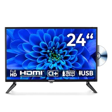 MEDION TV 24 pollici (59,9 cm) Full HD TV con lettore DVD (perfetto per campeggio, camper, camion, giardino, adattatore per auto da 12 V, DVB-T2 HD, DVB-C, DVB-S2, HEVC, HDMI, USB, MD 824001)