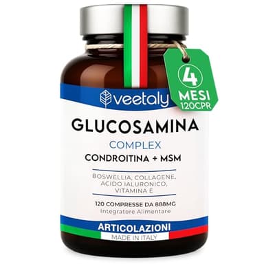 Glucosamina Condroitina MSM - Integratore Articolazioni e Cartilagine Ginocchio con Collagene, Acido Ialuronico, Vitamina E, Boswellia - 4 Mesi, 120 cpr