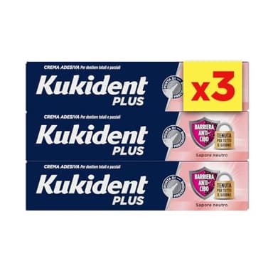 Kukident Plus Barriera Anti-Cibo Crema Adesiva per Protesi Dentali Totali e Parziali, Sapore Neutro. Confezione da 3x35g