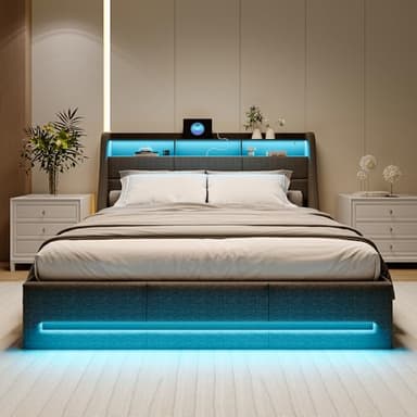 BLSYHDH Letto baule 140 x 190 con LED,Letto imbottito LED idraulico con porta USB LIT imbottito con cassapanca letti matrimoniali con contenitore letti matrimoniali (grigio+lino, 140 x 190)