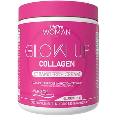 Collagene Idrolizzato in Polvere Glow Up - Peptidi di Collagene con Vitamina C, Selenio e Acido Ialuronico - Gusto Fragola - Senza Zucchero – Bellezza da Dentro per Pelle e Capelli - 300g (30 Dosi)