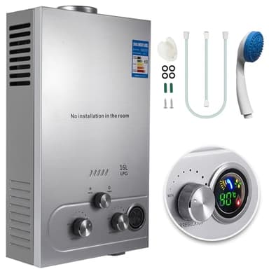 Scaldabagno a Gas GPL, 16L 4.8 GPM Scaldabagno Portatile Da Esterno Per Campeggio Con Display Digitale, Protezione Da Surriscaldamento, Scaldino a Gas Acqua Calda Istantanea 24 ore su 24 Per Doccia E