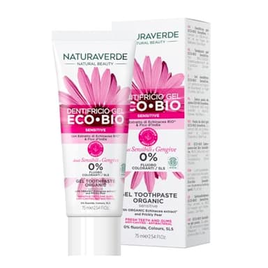 Naturaverde | BIO - Dentifricio ECO BIO Sensitive con Estratto di Echinacea e Fico d'India, per Denti e Gengive Sensibili, 0% Fluoro, 75ml