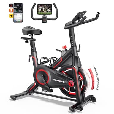 Toputure Cyclette da Casa con App, Cyclette Professionale con Resistenza Magnetica al 100%, Volano da 15 kg, Schermo LCD, Ultra Silenziosa, per Allenamento a Casa, Portata Massima 150kg