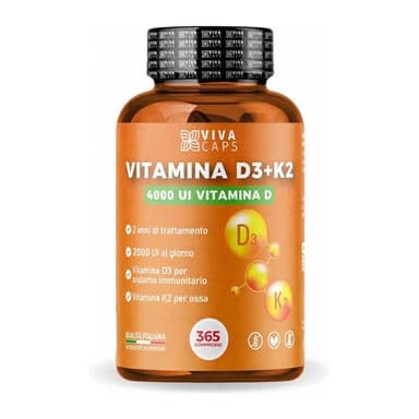 Vitamina d3 k2 mk7 vegana alto dosaggio 365 Micro compresse, Vitamina d3 4000 ui e 200 mcg di Menachinone per sistema immunitario, ossa e denti - Made in italy