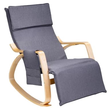 Gremium Poltrona Dondolo Con Seduta Ergonomica In Tessuto, Doppio Cuscino Imbottito, Struttura Allungabile In Legno Con Braccioli E Poggiapiedi Regolabile In 3 Posizioni