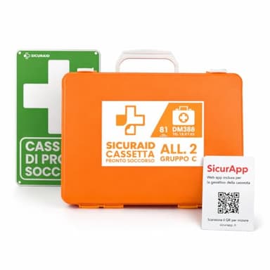 SICURAID Cassetta Pronto Soccorso Aziendale Allegato 2 DM 388/2003 CE MDR con Web App SicurApp | Kit Medico Certificato | Valigetta Arancio con Cartello per Aziende fino a 2 Dipendenti – Gruppo C