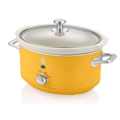 Swan Retro SF17021YELNEU Slow Cooker 3,5L Contenitore di Cottura Rimovibile, Ceramic Non-Stick PFOA & PTFE Free, 3 Livelli di Temperatura, Coperchio di Vetro, Design Vintage, Giallo, 200W