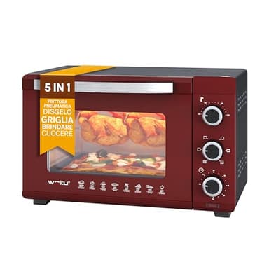 WOLTU Forno per Pizza da 32L, Fornetto Elettrico Piccolo con Girarrosto, 4 Resistenze, Timer 60 min, Temperatura 100-230°C, 1600W, Porta con Doppi Vetri, Nero+Rosso
