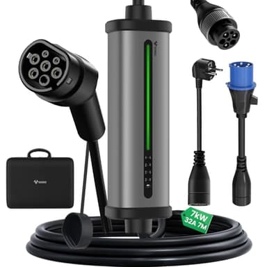 GONEO Colonnina Ricarica Auto Elettrica 7,4KW [ 7m Cavo|8-32A|2-8H IP66 Impermeabile] Stazione Carichino Auto elettrica Mobile con Spina CEE e Spina Schuko Caricatore Monofase Compatibile con EV/PHEV