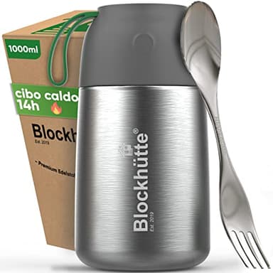 Blockhütte Contenitore Termico per Alimenti Caldi I 1l I Thermos Cibo Caldo fino a 14 ore I Portapranzo Termico a Tenuta Stagna per Adulti e Bambini I Thermos Cibo, Termos Pasta e Pranzo