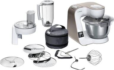 Bosch Serie 4 Planetaria MUM5XW20, 1000W, Ciotola in Acciaio Inox da 3,9 L, 7 Livelli di Velocità, Timer Integrato, Fruste, Gancio, Frullatore e Dischi Vari Inclusi, Lavabili in Lavastoviglie, Bianco