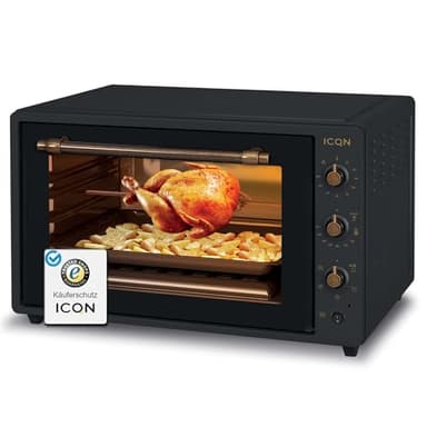 ICQN 60 Litri Vintage Mini Forno XXL, Smaltato, Spiedo Girevole, Illuminazione Interna, Ventilato, Forno Per pizza, Doppio Vetro, Funzione Timer, Temperatura da 40° Fino a 230°, 1800 W Nero Rustico