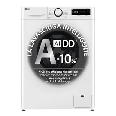 LG AI DD D4R3009NSWW Lavasciuga Classe A -10%/D, 9 / 6kg, Serie R3, Lavatrice e Asciugatrice Insieme, 1400 giri, Lavaggio a Vapore, Eco Hybrid, Allergy Care, Motore Inverter Direct Drive, Bianca