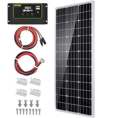 Topsolar Kit pannello solare 100 Watt 12 Volt monocristallino Off Grid System per case camper barca + 30A 12V/24V LCD PWM regolatore di carica solare + cavi solari da 4,9 m con connettore + staffe a Z