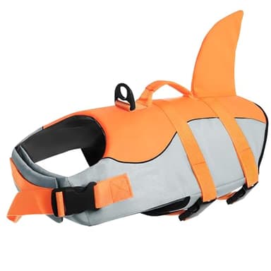 Voarge Giubbotti di salvataggio per cani squalo, Salvagente Cane Squalo con Manico e Catarifrangente, Pet Gilet di sicurezza Costumi da bagno Dog Life VestGrigio, S M (Orange, L)