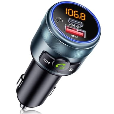GizmoVine Trasmettitore FM per Auto, Adattatore Bluetooth 5.3, Interamente in Metallo, 2 Porte Ricarica Rapida (PD 30W + QC3.0 18W), Musica Wireless, Suono Basso, Mani Libere, Display LED
