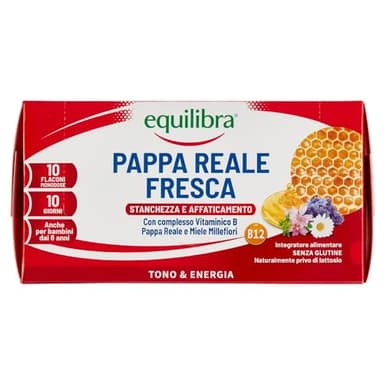 Equilibra Integratori Alimentari, Pappa Reale Fresca, Integratore con Vitamine del Gruppo B, Arricchito con Miele Millefiori, Adatto Anche ai Bambini Sopra i 6 Anni, 10 Flaconcini Pronti da Bere