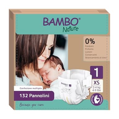 Bambo Nature pannolini per bambini taglia 1 (2-4kg) 132 pz. Scatola mensile | Pannolini premium con una migliore protezione dalle perdite | Massimo comfort per i neonati | Dermatologicamente testati