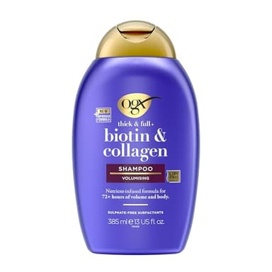 OGX Biotin & Collagen Shampoo (385 ml), shampoo rinforzante per capelli fini e sottili, con vitamina B7 biotina e collagene, senza solfati