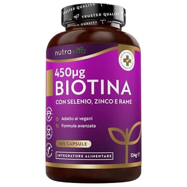 Biotina + Zinco + Selenio + Rame - 365 Capsule Vegane, Fornitura per 1 Anno, Supporto per Capelli, Pelle e Unghie - Integratore di bellezza - Nutravita