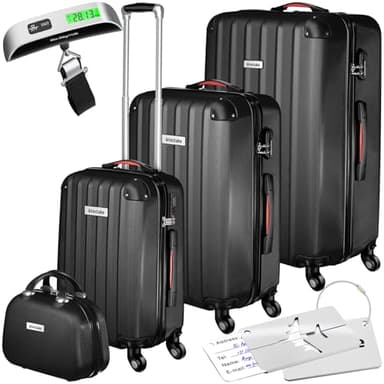 TecTake® Set di valigie rigide Cleo, 4 pezzi, Trolley M, L e XL, Beauty Case Impilabile, Rotelle Girevoli a 360°, Maniglia Telescopica Regolabile, Bilancia, Combinazione a 3 Cifre - Nero