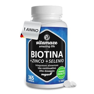Vitamaze® Biotina Capelli 365 Compresse (1 Anno) Selenio e Zinco, Crescita di Capelli, Pelle e Unghie Sani, Vitamina B7, Integratori per Capelli, Qualità Tedesca