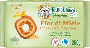 Mulino Bianco Fior di Miele Biscotti Frollini al Miele Millefiori con Farina di Mais, Senza Lattosio, Glutine e Olio di Palma, Mulino Armonia, Confezione con 6 Monoporzioni da 6 Biscotti